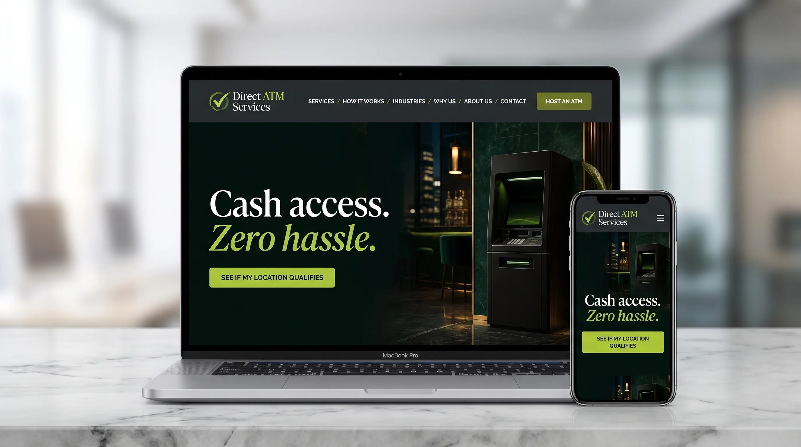 Responsive Direct ATM Services website shown on laptop and mobile screens